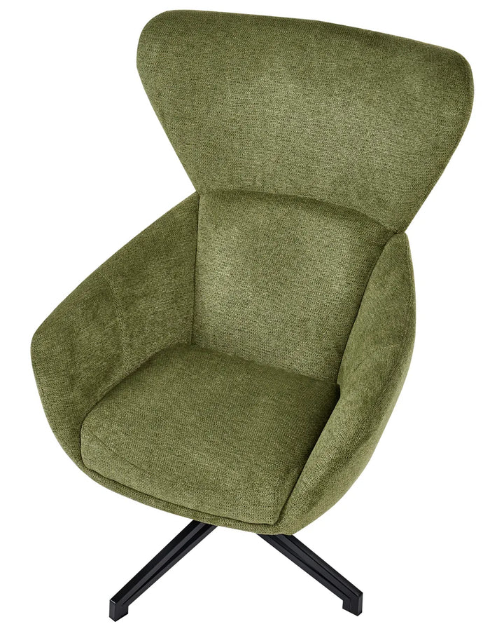 An upholstered accent chair in textured olive green fabric with a black metal swivel base, shown against a plain white background.
