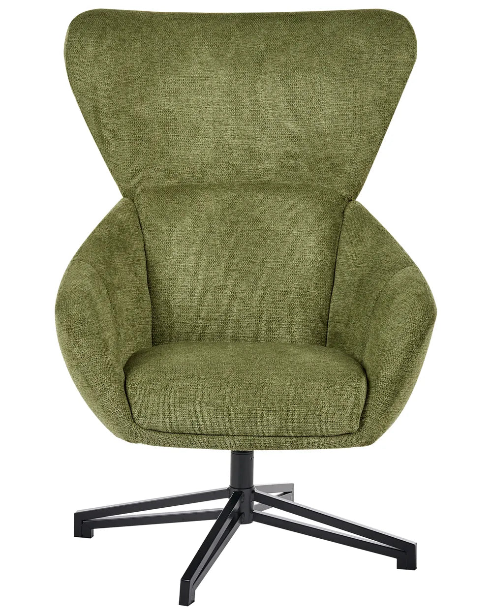 An upholstered swivel armchair with a high wingback backrest, textured olive green fabric, and a black metal four-star base, shown against a plain white background.