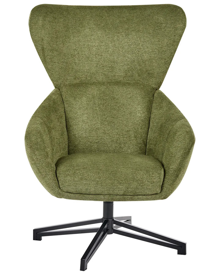 An upholstered swivel armchair with a high wingback backrest, textured olive green fabric, and a black metal four-star base, shown against a plain white background.