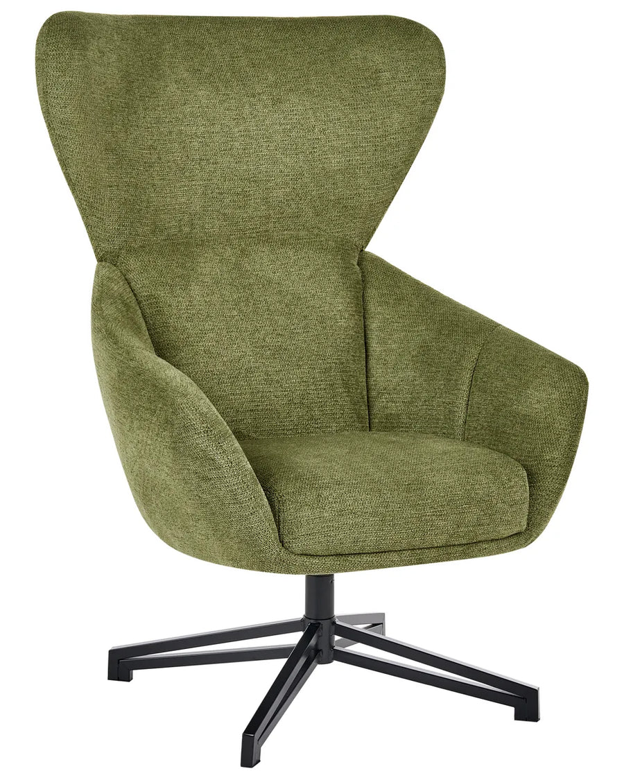 An upholstered swivel armchair with a high wingback backrest, textured olive green fabric, and a black metal four-star base, shown on a plain white background.