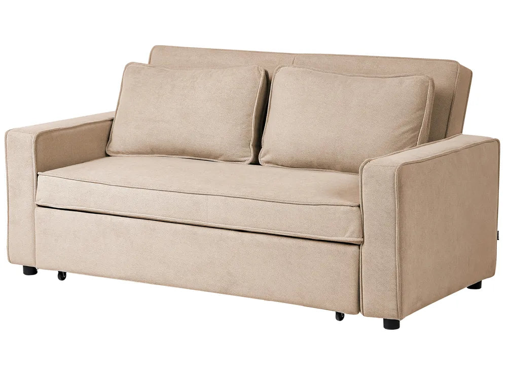 Beige upholstered loveseat sofa with two back cushions, shown on a plain white background.