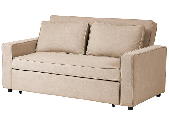 Beige upholstered loveseat sofa with two back cushions, shown on a plain white background.