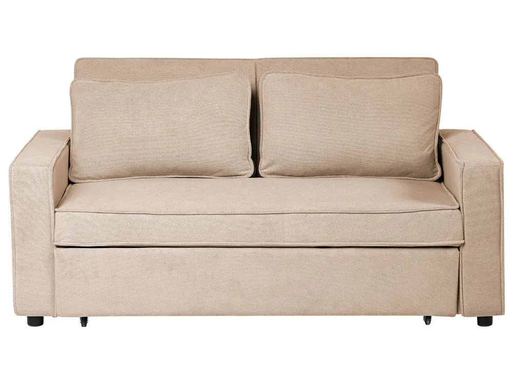 A beige upholstered loveseat with two back cushions and a skirted base, shown against a plain white background.