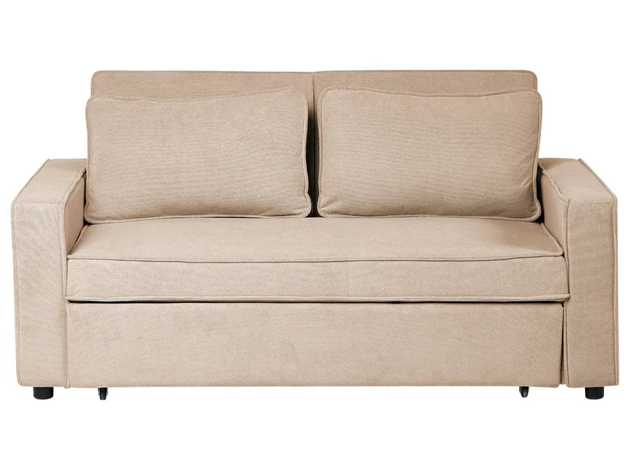 A beige upholstered loveseat with two back cushions and a skirted base, shown against a plain white background.