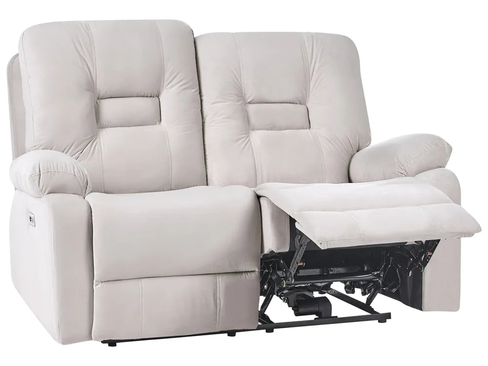 A light beige upholstered two-seat recliner sofa shown on a plain white background, with the right seat reclined so the footrest extends outward.