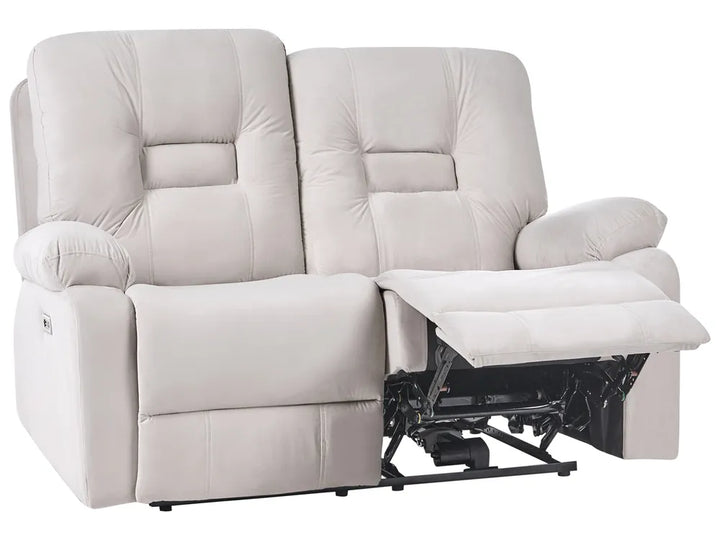 A light beige upholstered two-seat recliner sofa shown on a plain white background, with the right seat reclined so the footrest extends outward.
