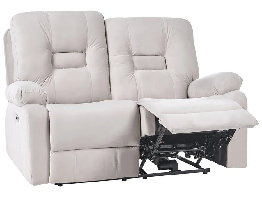 A light beige upholstered two-seat recliner sofa shown on a plain white background, with the right seat reclined so the footrest extends outward.