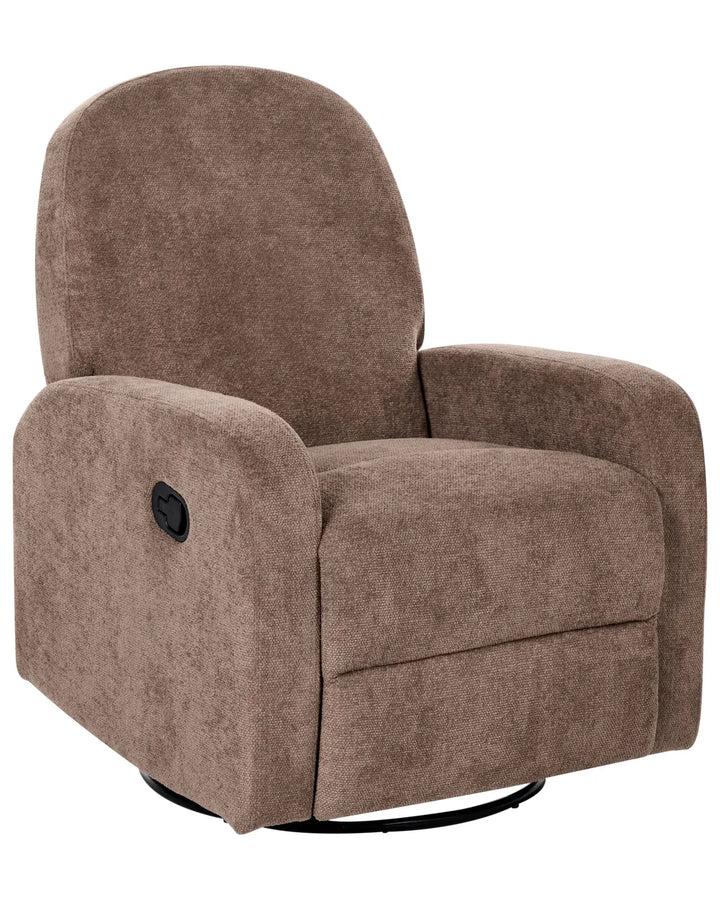 A brown textured fabric swivel recliner chair with a black circular swivel base, shown against a plain white background.