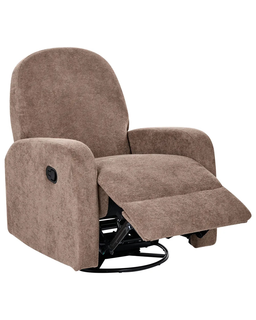 A brown textured fabric recliner chair with the footrest extended, shown against a plain white background.