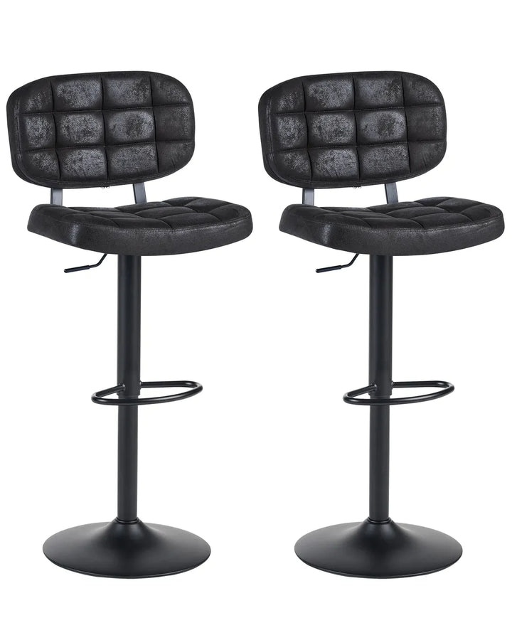 Two matching black bar stools with tufted padded seats and backs, shown side by side on a plain white background.