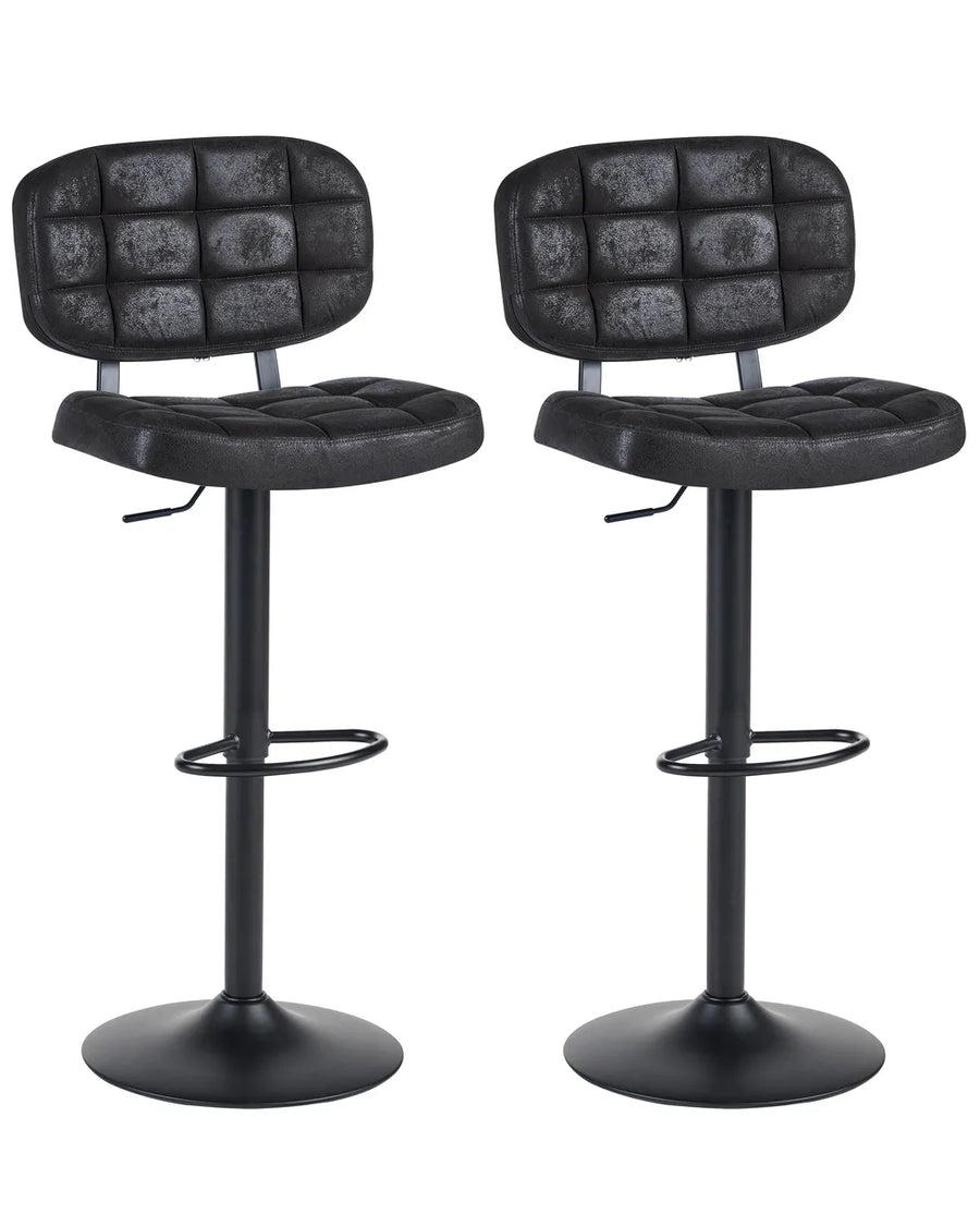 Two matching black bar stools with tufted padded seats and backs, shown side by side on a plain white background.