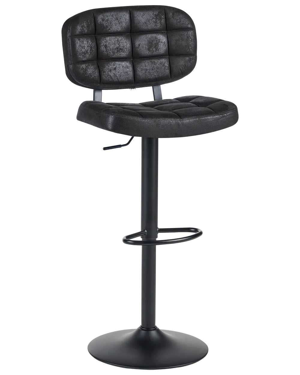Black tufted faux leather bar stool with a padded square-backrest, adjustable gas lift base, and footrest ring, shown on a white background.