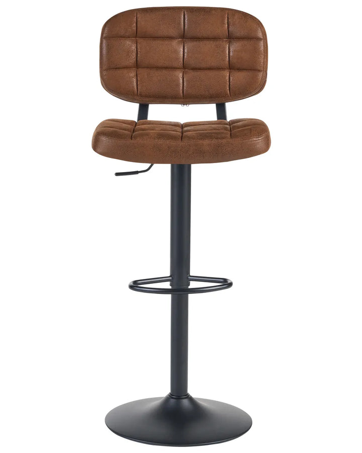A brown faux-leather swivel barstool with a tufted grid-pattern backrest and seat cushion, supported by a black metal pedestal base with a footrest ring, shown on a solid white background.