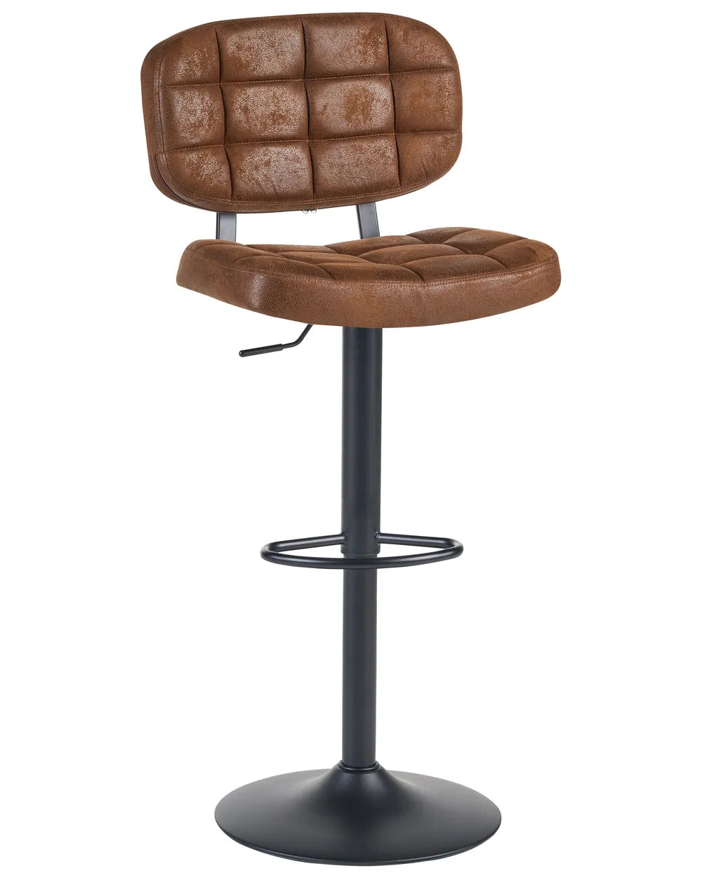 A brown tufted faux leather bar stool with a black metal pedestal base, footrest, and round floor stand, shown on a solid white background.