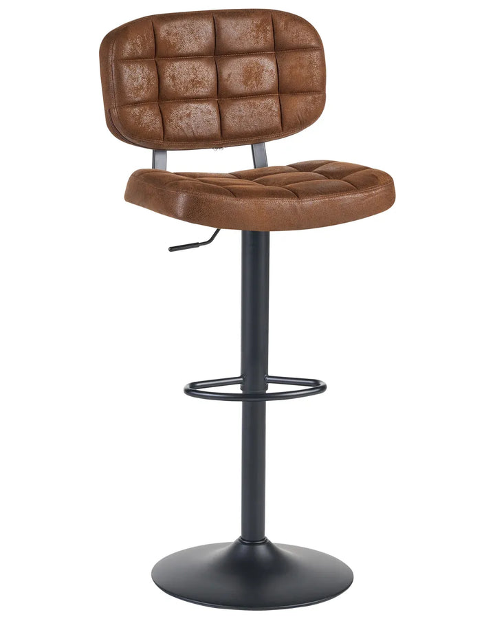 A brown tufted faux leather bar stool with a black metal pedestal base, footrest, and round floor stand, shown on a solid white background.
