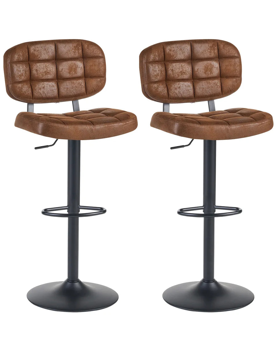 Two matching bar stools with brown tufted faux leather seats and backs, supported by black adjustable pedestal bases with circular footrests, shown on a plain white background.