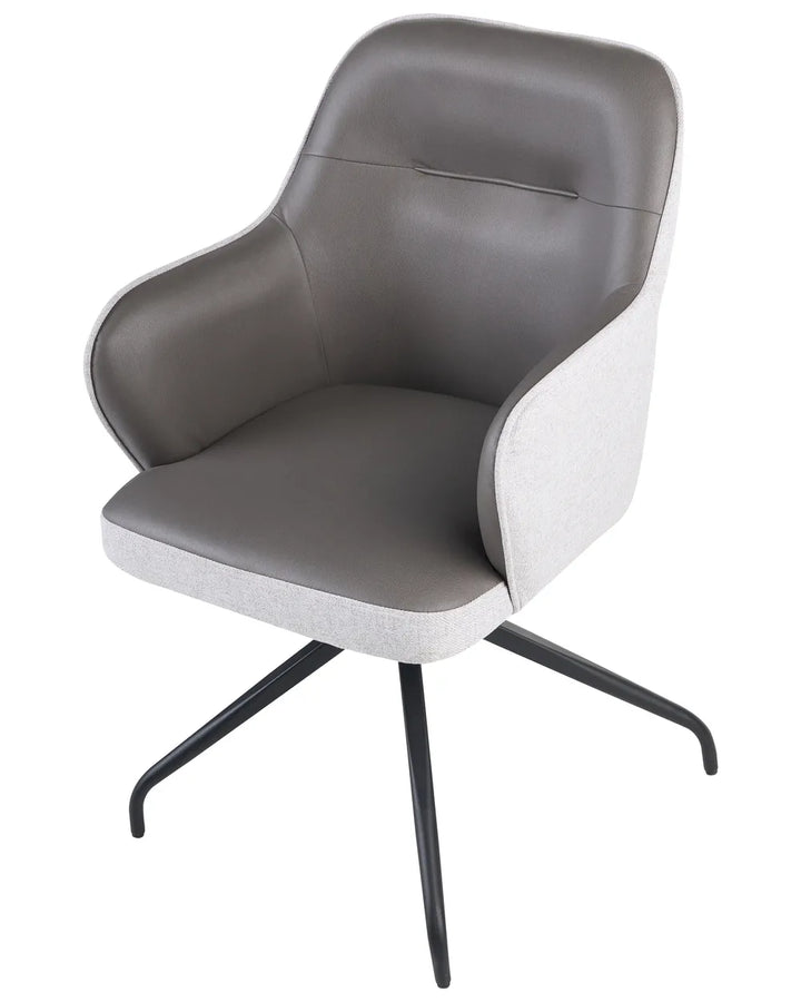 A modern swivel dining chair with a gray upholstered seat and backrest, light gray fabric side panels, and a black metal four-star base, shown on a plain white background.