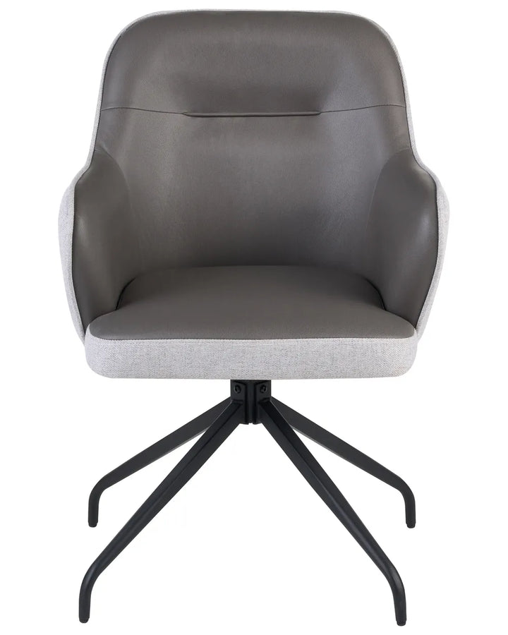 A modern accent chair with a dark gray upholstered seat and backrest, light gray fabric armrests and base trim, and a black five-star metal swivel base, shown against a plain white background.