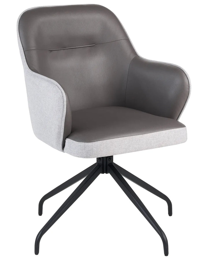 A modern swivel office chair with a gray faux-leather seat and backrest, light gray fabric side panels, and a black five-star metal base, shown against a plain white background.