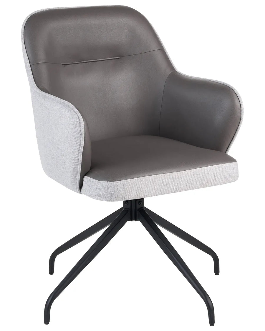 A modern swivel office chair with a gray faux-leather seat and backrest, light gray fabric side panels, and a black five-star metal base, shown against a plain white background.