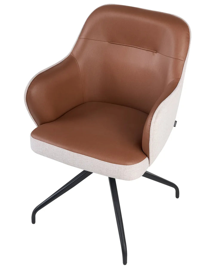 A modern accent chair with a brown faux leather seat and backrest, upholstered in a light beige textured fabric on the sides, supported by a black five-star swivel base.
