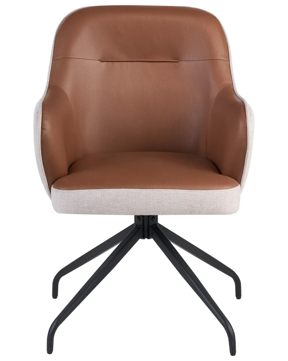 A modern swivel office chair with a brown faux-leather upholstered seat and backrest, light beige fabric armrests, and a black five-star metal base, shown against a plain white background.