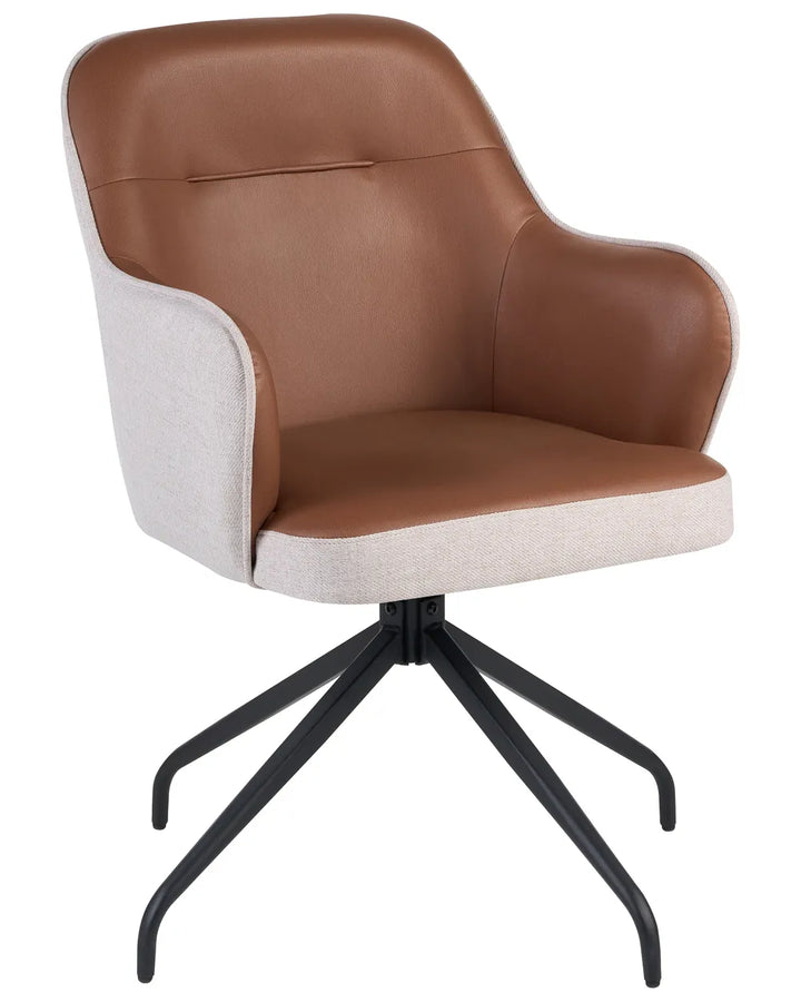 A modern swivel dining chair with a brown faux leather seat and backrest, light beige textured fabric armrests and base trim, and a black metal five-star pedestal base, shown on a solid white background.