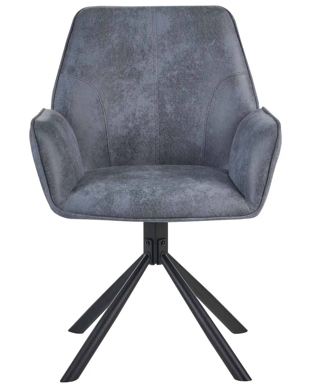 A modern gray upholstered swivel dining chair with a textured velvet-like finish and a black metal four-star base, shown against a plain white background.