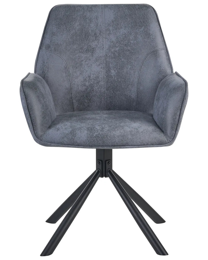 A modern gray upholstered swivel dining chair with a textured velvet-like finish and a black metal four-star base, shown against a plain white background.