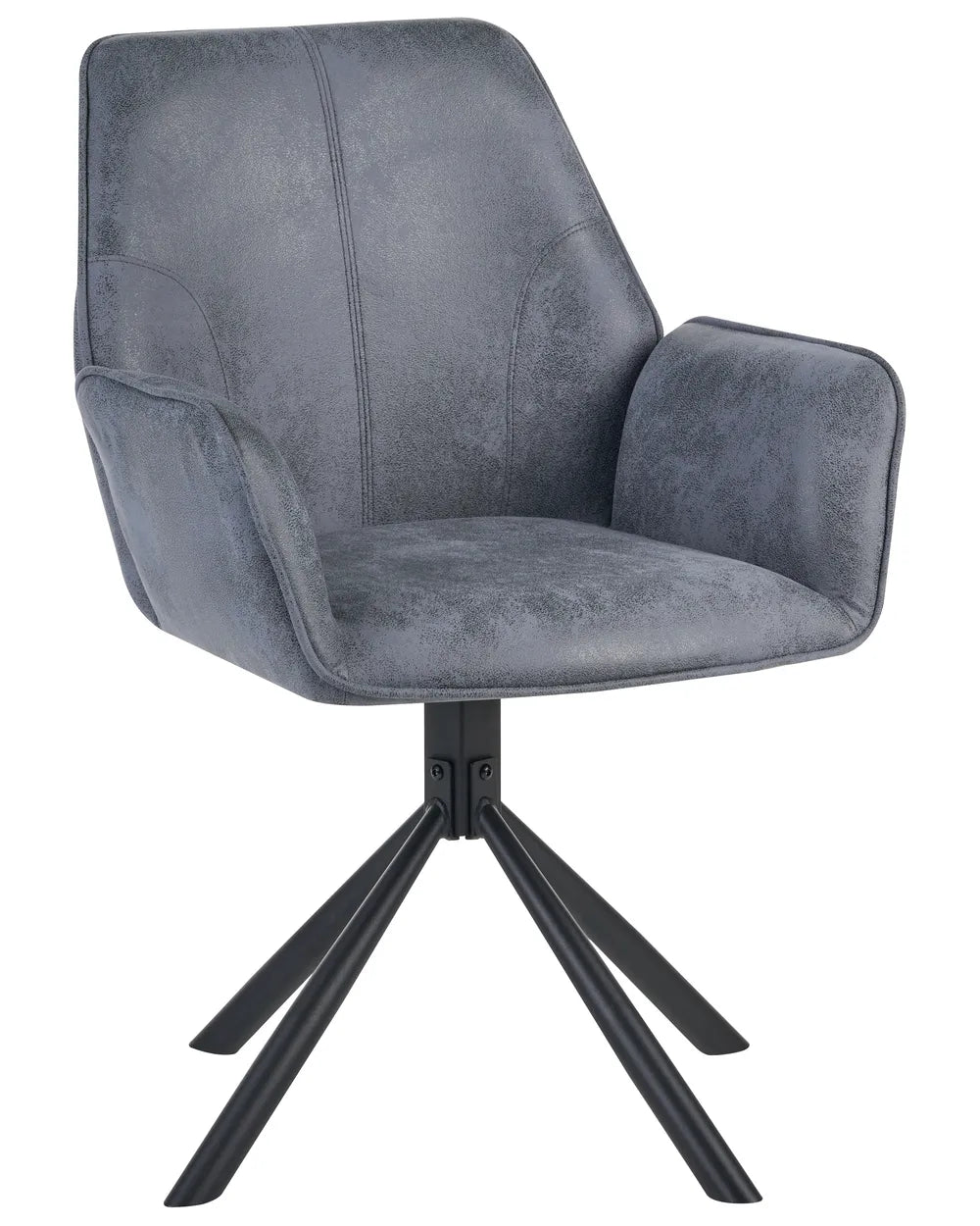 A modern swivel dining chair upholstered in textured gray fabric with a black metal four-star base, shown against a plain white background.