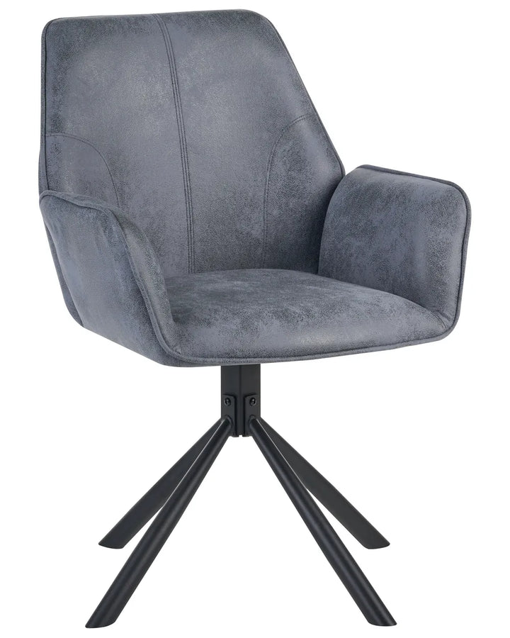 A modern swivel dining chair upholstered in textured gray fabric with a black metal four-star base, shown against a plain white background.