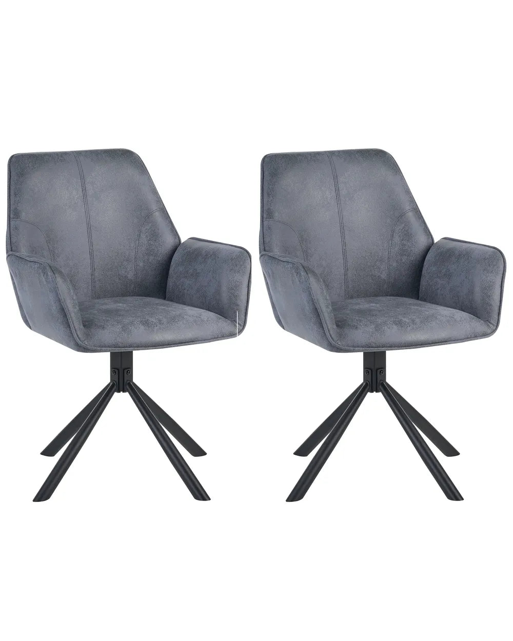 Two matching gray upholstered swivel dining chairs with black metal starburst bases, shown side by side on a plain white background.