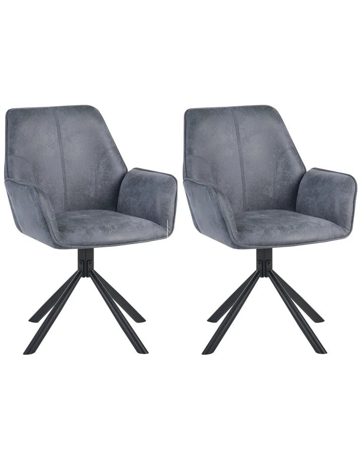 Two matching gray upholstered swivel dining chairs with black metal starburst bases, shown side by side on a plain white background.