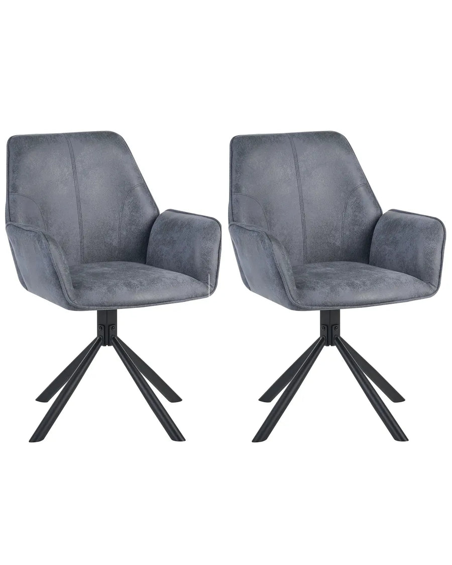 Two matching gray upholstered swivel dining chairs with black metal starburst bases, shown side by side on a plain white background.