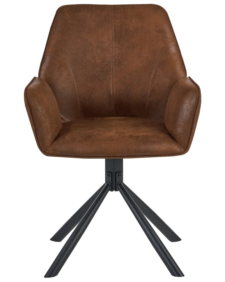A brown faux leather swivel dining chair with a black metal four-star base, shown against a plain white background.