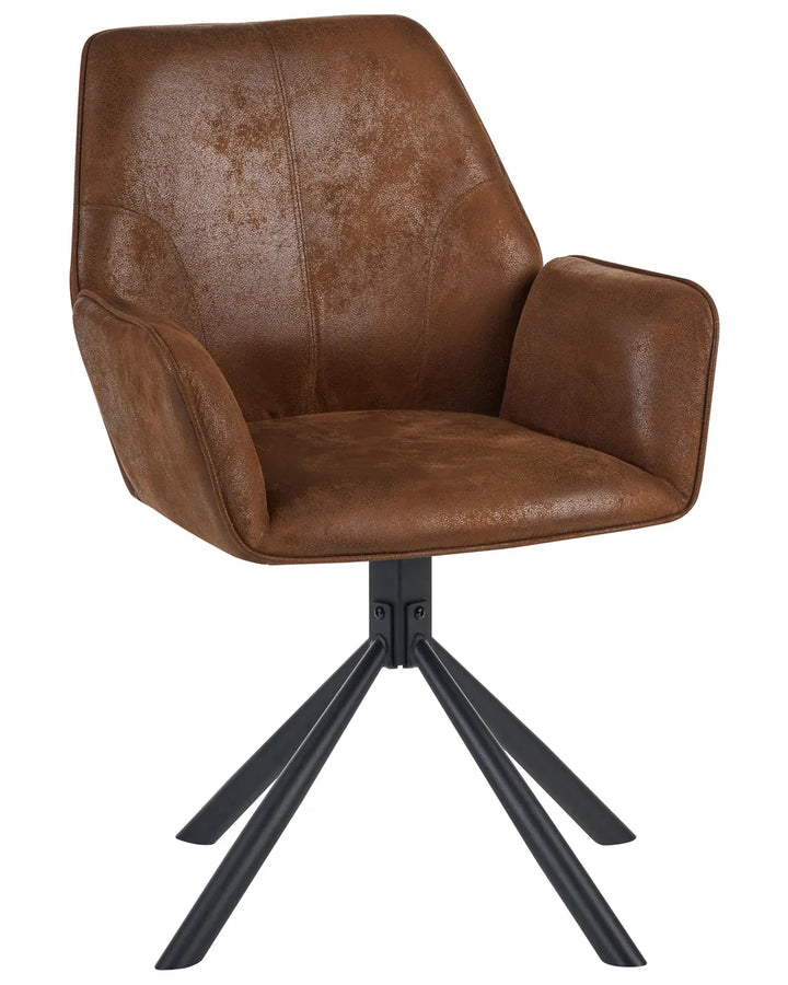 A brown faux leather swivel dining chair with a black metal four-star base, shown against a plain white background.
