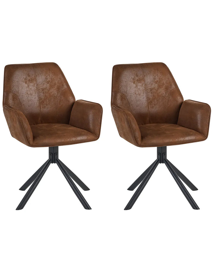 Two matching brown faux-leather swivel dining chairs with black metal star bases, shown side by side on a plain white background.