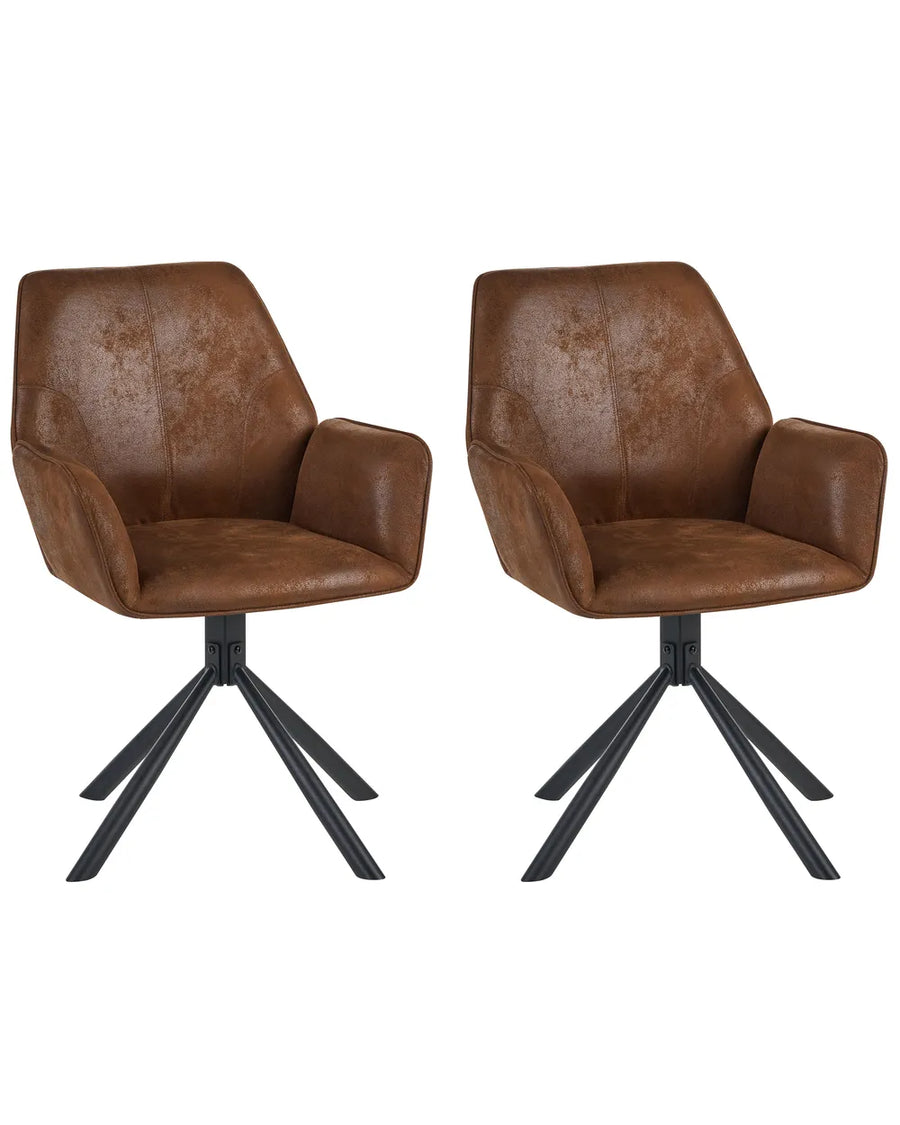 Two matching brown faux-leather swivel dining chairs with black metal star bases, shown side by side on a plain white background.