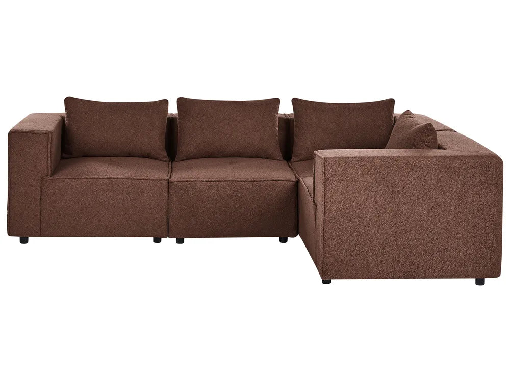A modern L-shaped sectional sofa upholstered in textured brown fabric, featuring three back cushions and a right-facing chaise lounge, shown against a plain white background.