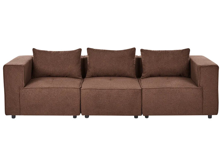 A three-seater sofa upholstered in textured brown fabric, featuring three matching back cushions and a low-profile rectangular silhouette, shown against a plain white background.