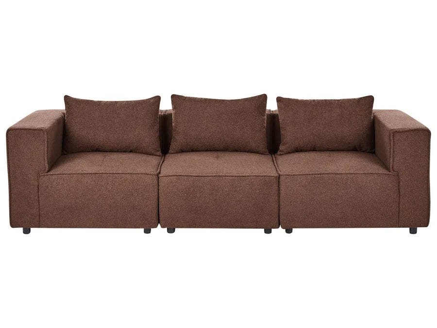 A three-seater sofa upholstered in textured brown fabric, featuring three matching back cushions and a low-profile rectangular silhouette, shown against a plain white background.