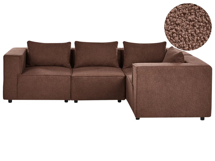 A brown upholstered sectional sofa with three back cushions and a right-facing chaise, shown on a plain white background with a circular fabric close-up inset in the top right.