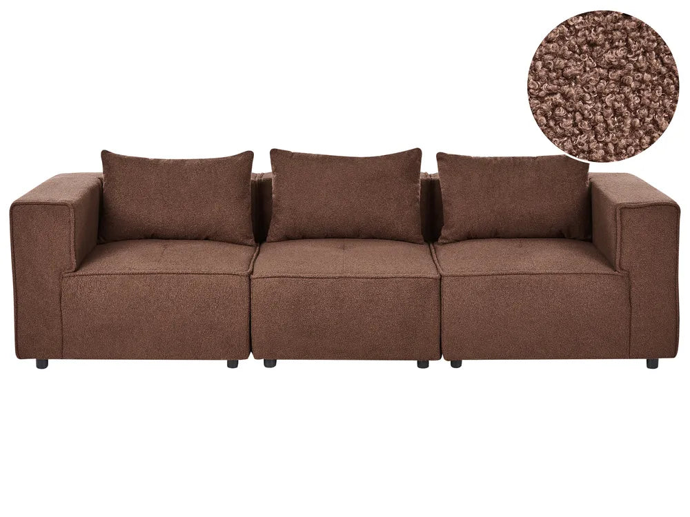 A three-seat sofa upholstered in brown textured fabric, shown from the front against a white background, with a circular inset in the top right showing a close-up of the fabric texture.