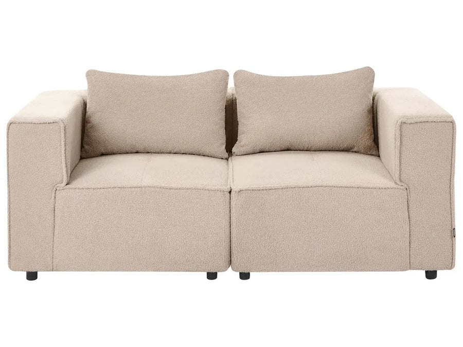 A modern two-seater sofa in a textured beige bouclé fabric, featuring two matching square back cushions and a low-profile rectangular silhouette, shown against a plain white background.