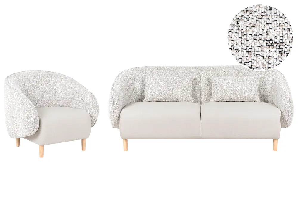 A light beige upholstered armchair and matching two-seat sofa with light wood legs, shown on a white background with a circular fabric close-up in the top right.