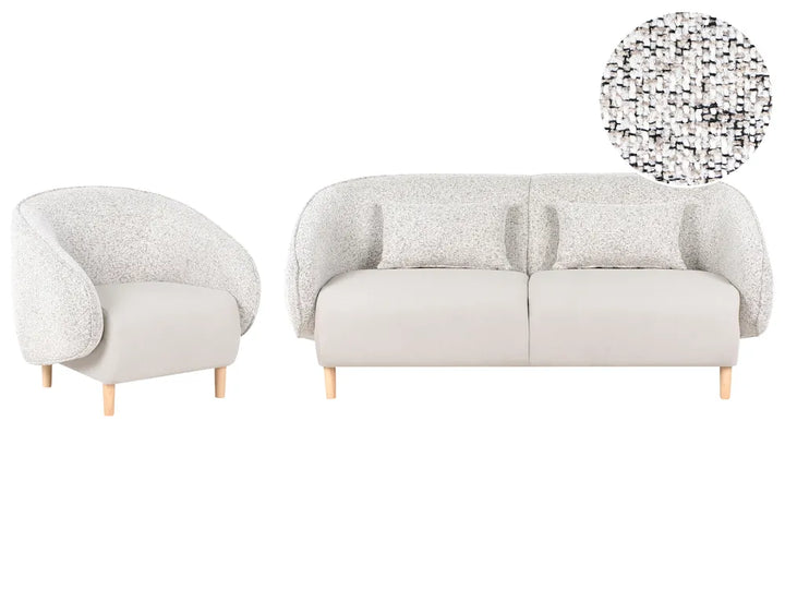A light beige upholstered armchair and matching two-seat sofa with light wood legs, shown on a white background with a circular fabric close-up in the top right.