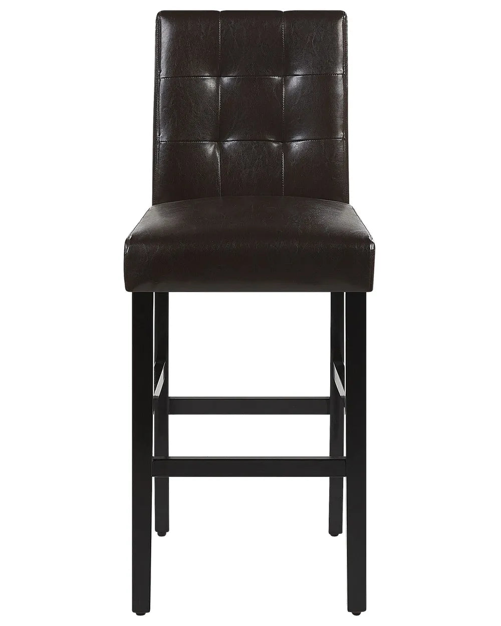 A dark brown faux leather barstool with a tufted backrest and a black metal frame with four legs and a footrest.