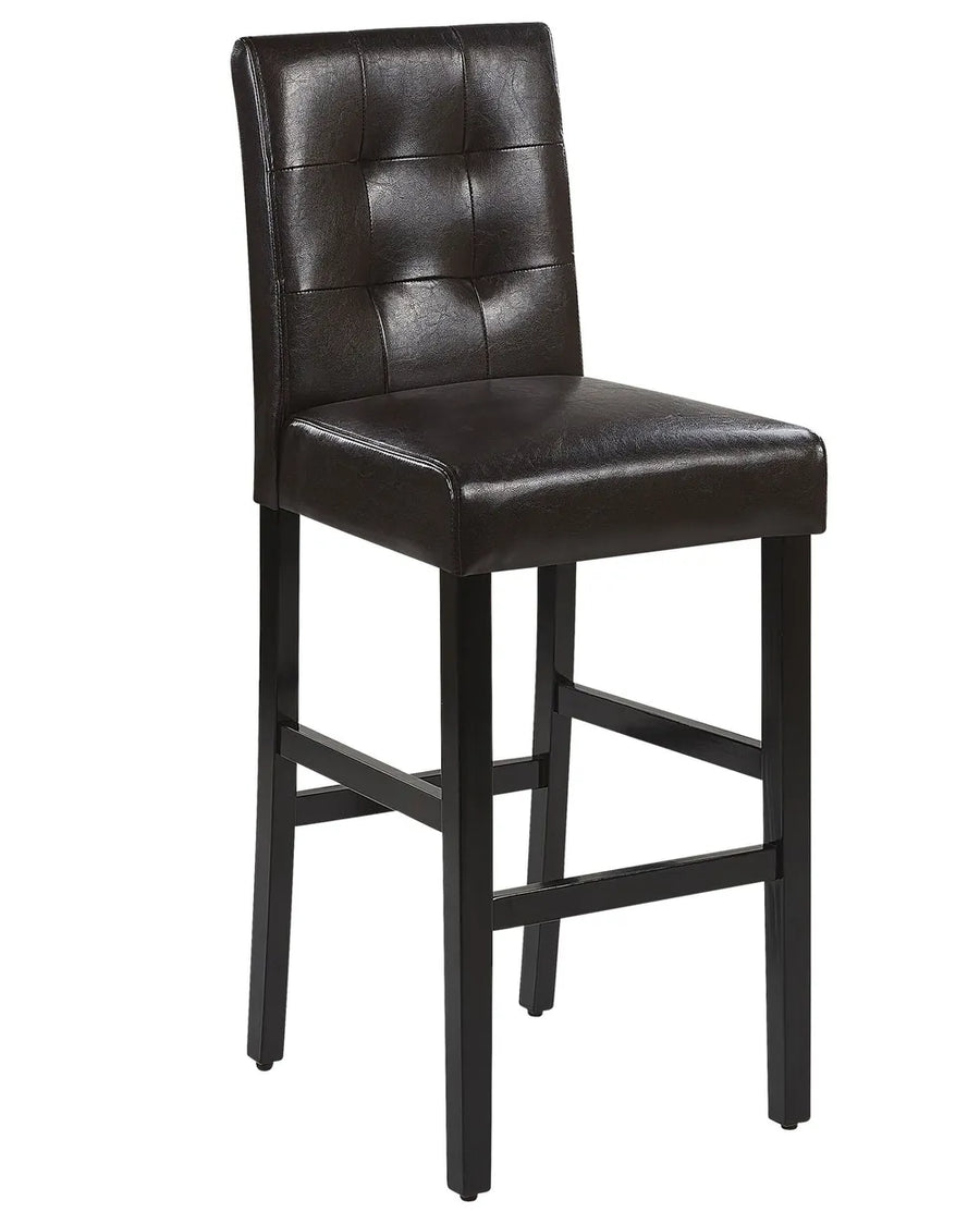 A single bar stool with a dark brown faux leather upholstered seat and tufted backrest, supported by a black metal frame with four legs and front support bars, shown on a plain white background.