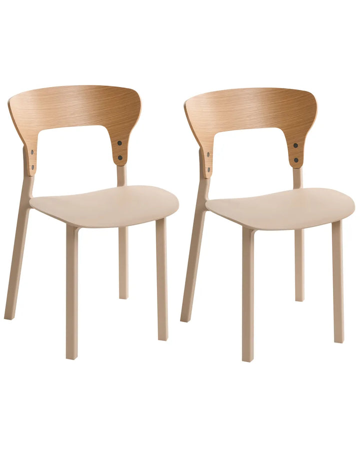 Two modern wooden dining chairs with light natural wood frames and beige upholstered seats, shown against a plain white background.