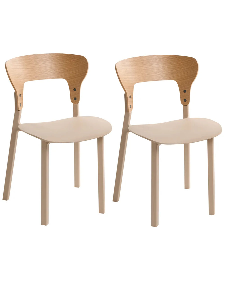 Two modern wooden dining chairs with light natural wood frames and beige upholstered seats, shown against a plain white background.